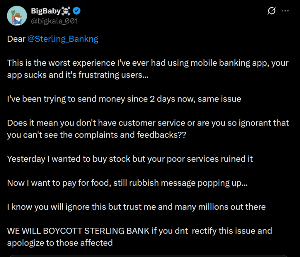 Sterling Bank complaint on X (Twitter)